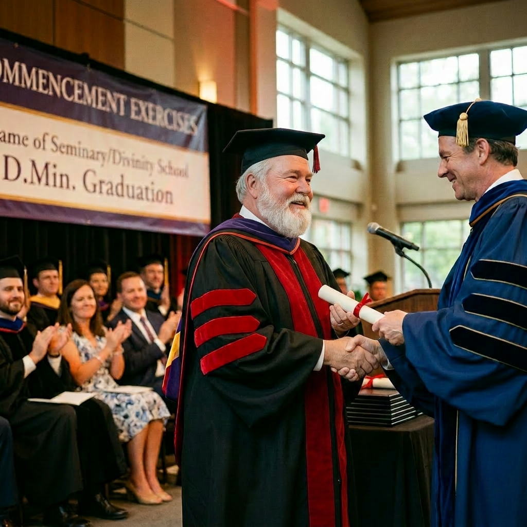Woman in academic regalia receiving diploma and shaking hands at graduation ceremony