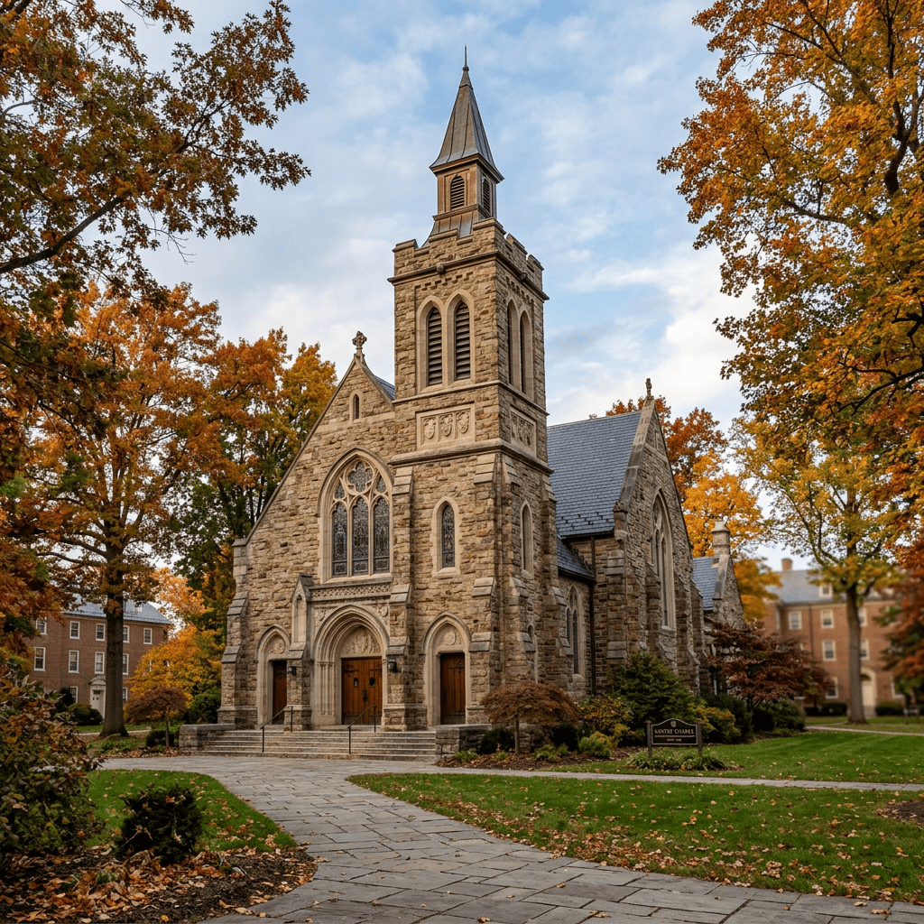 Stone church with steeple and stained glass windows surrounded by autumn trees