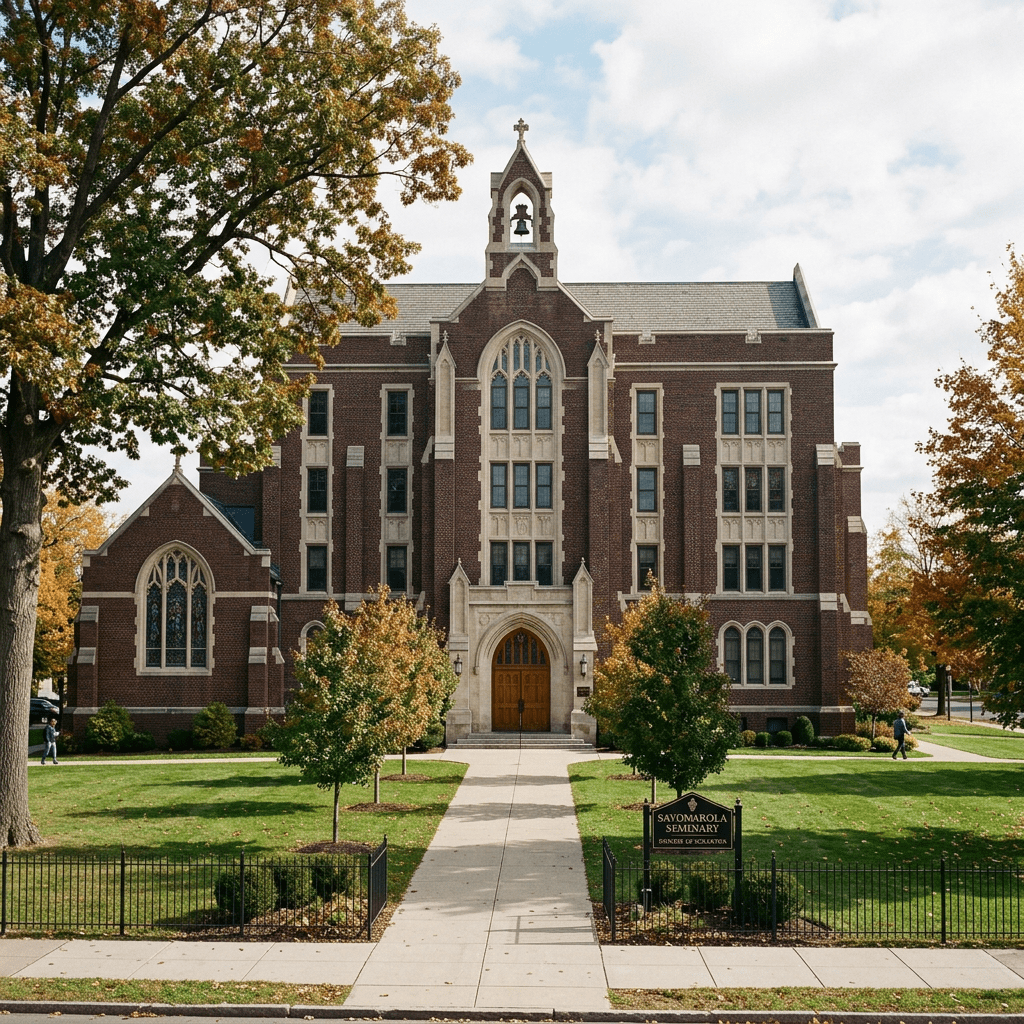 Brick Gothic Revival seminary building with bell tower, arched doorway, and surrounding trees