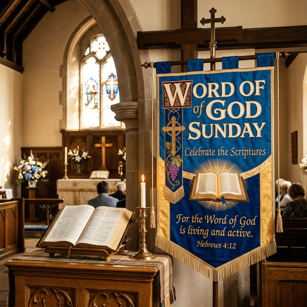 Church banner reading Word of God Sunday, Celebrate the Scriptures, with Hebrews 4:12 verse