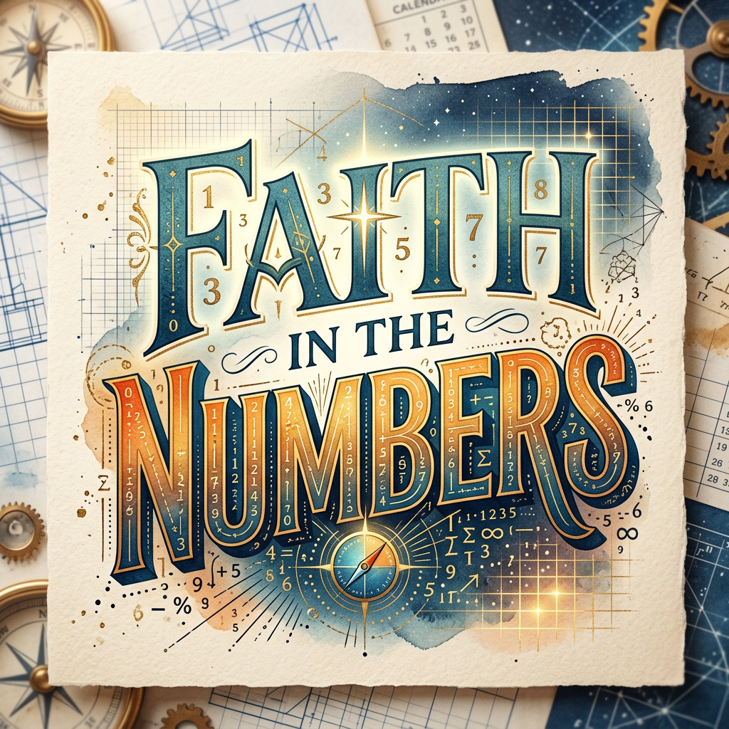 Typography artwork reading 'Faith in the Numbers' with mathematical symbols and compass