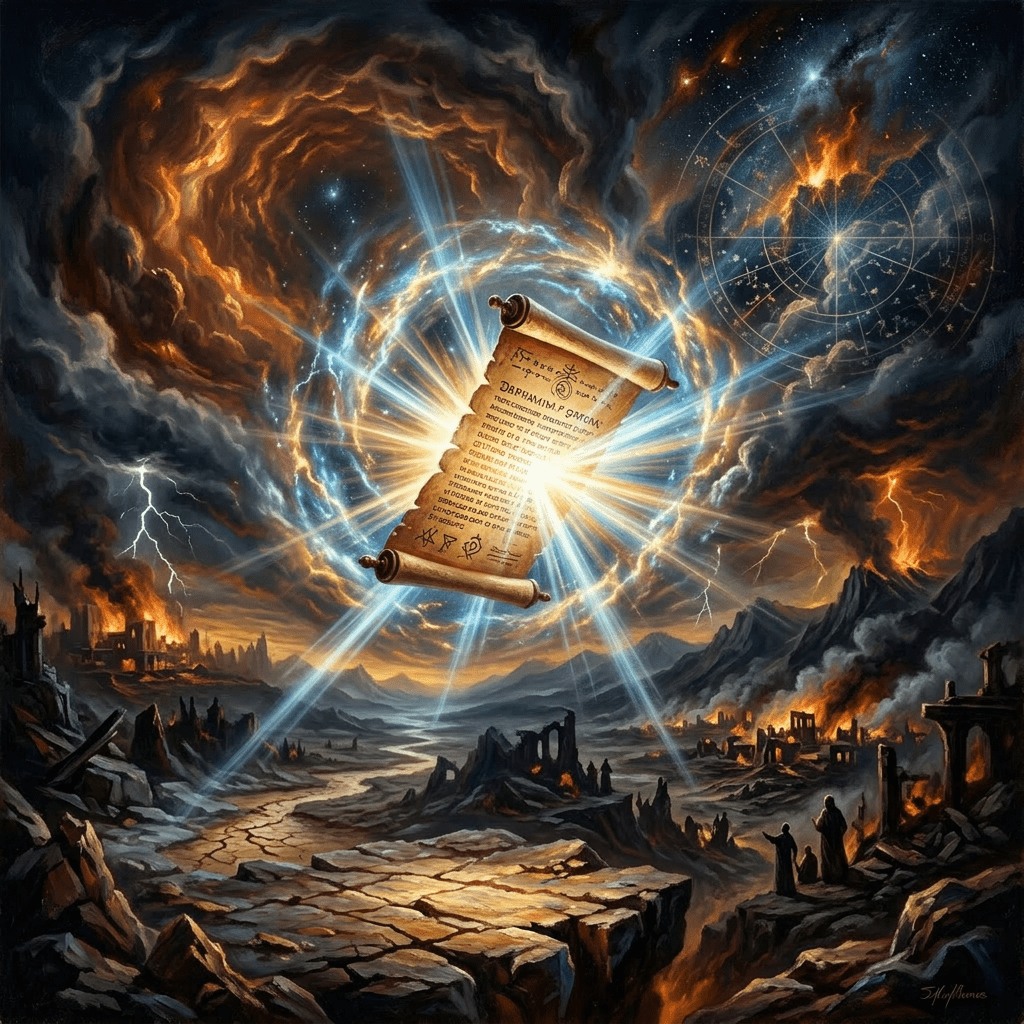 Glowing divine figure with halo holding an illuminated ancient scroll in a fiery apocalyptic ruin