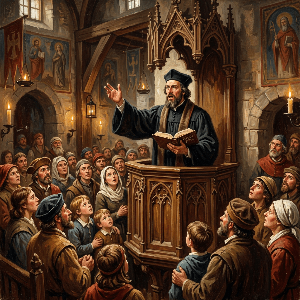 Medieval preacher speaking from a wooden pulpit holding a Bible, with a crowd of people listening attentively in a church.