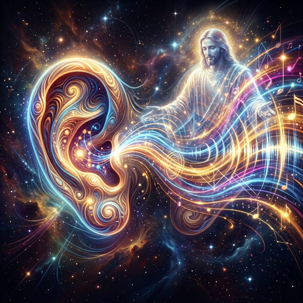 Two abstract ears connected by glowing musical notes and waves in a cosmic background