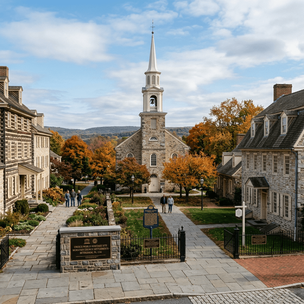 26th October 2023 - Historic Moravian Church and surrounding colonial buildings with autumn trees