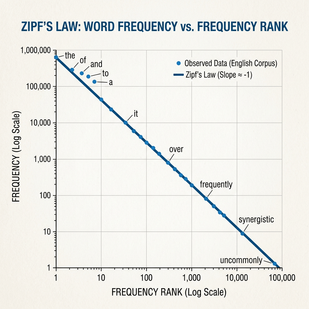 Log-log graph showing English word frequency versus frequency rank illustrating Zipf's Law