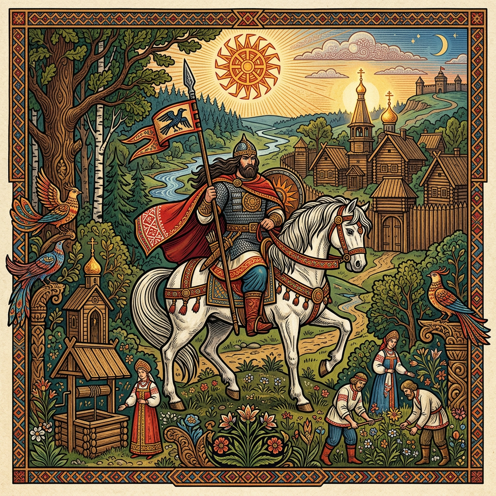 Medieval warrior prince on white horse holding spear with village, floral patterns, and villagers in traditional clothing