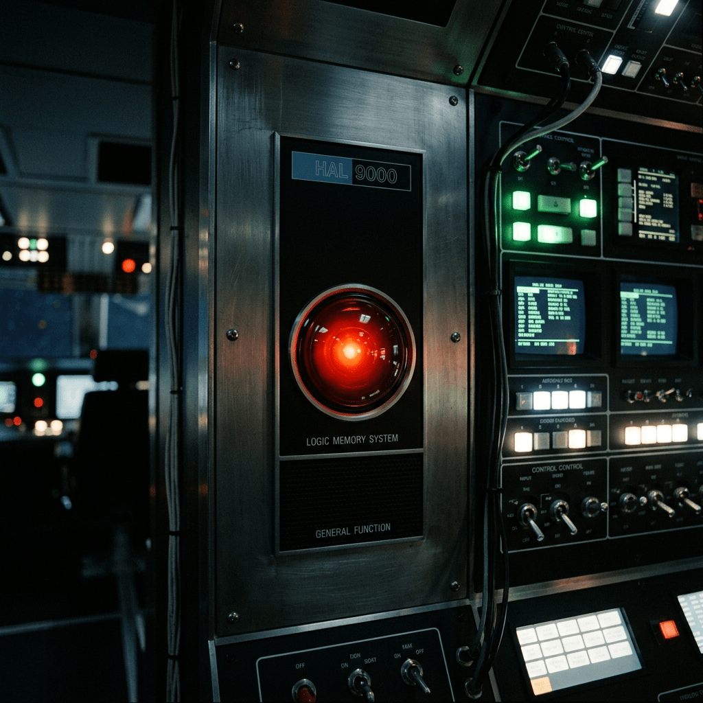 HAL 9000 red camera eye interface with surrounding computer controls