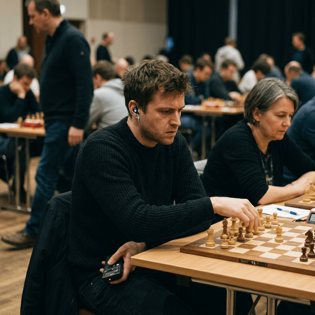 Two players concentrating on a chess game at a tournament with multiple games in progress