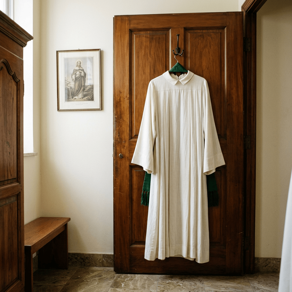 White priest's robe hanging on wooden door with green stole