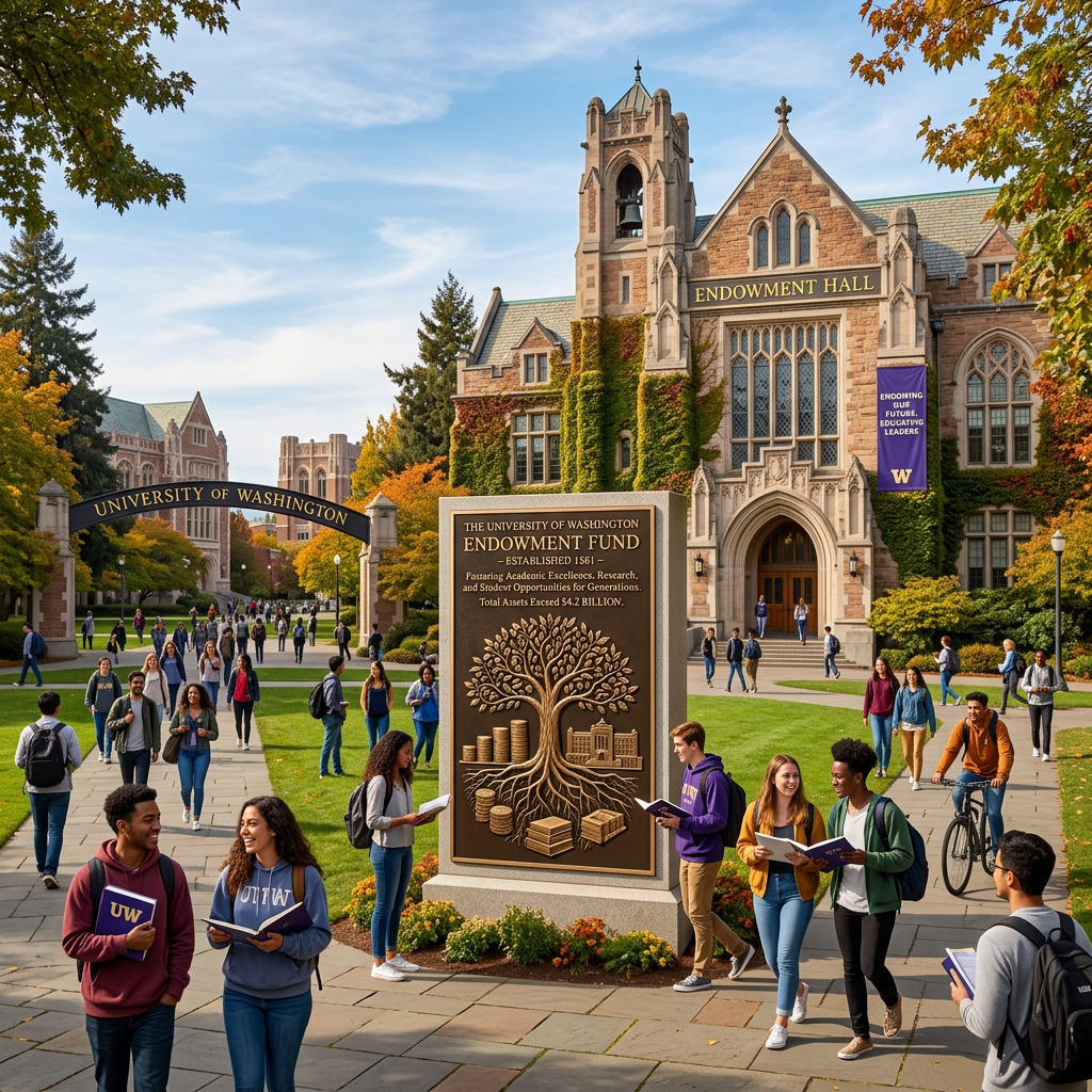 University of Washington campus with students walking near Endowment Hall and Endowment Fund monument