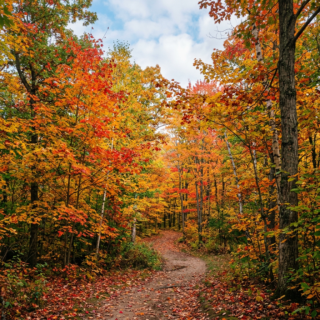 Leaf-covered trail winding through a colorful autumn forest